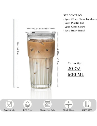 Juego de 2 Vasos de Vidrio INSETLAN 600 ml con Tapas y Pajitas