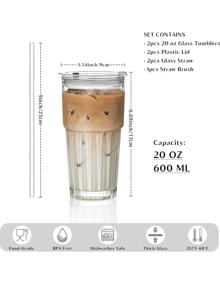 Juego de 2 Vasos de Vidrio INSETLAN 600 ml con Tapas y Pajitas Juego de 2 Vasos de Vidrio INSETLAN 600 ml con Tapas y Pajitas