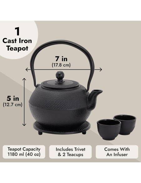 Juego de tetera de hierro fundido Juvale 1200 ml con 2 tazas Juego de tetera de hierro fundido Juvale 1200 ml con 2 tazas