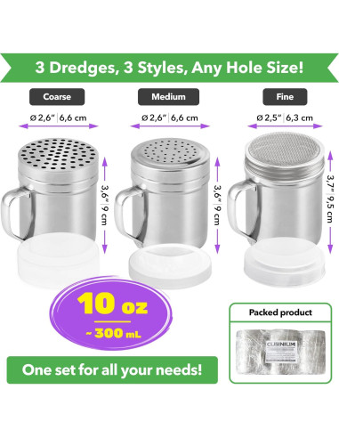 Juego de 3 Dredges CUSINIUM 10oz Acero Inoxidable con Mango