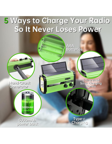 Radio de Emergencia TFTDOUP Solar/Manivela 5000mAh AM/FM
