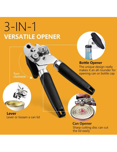 Abrelatas Manual MOOREDLIFE Ergonómico 3 en 1 Negro
