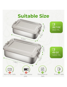 Caja de Almuerzo Acero Inoxidable LEEPENK 1400/850ml 2 Piezas 2
