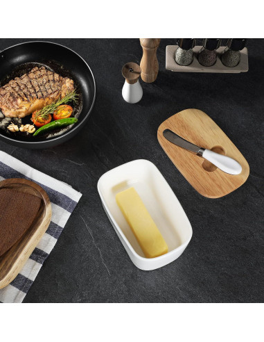 Plato de Mantequilla GDCZ Cerámico con Tapa de Madera 650ml