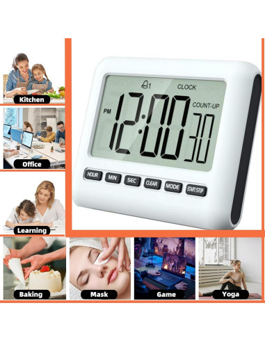 Temporizador Digital Magnético Genérico - Alarma Fuerte, Pantalla Grande, 12/24 Horas, 8.49x7.19 cm