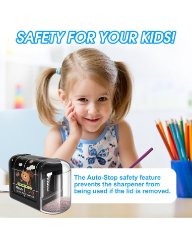 Sacapuntas Eléctrico Alkpory Negro para Niños - Seguro y Rápido