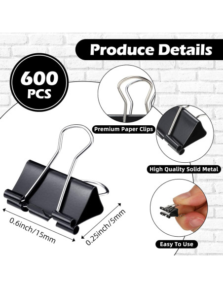 600 Clips de Carpeta Medianos Yexiya Metal Negro 15 mm 600 Clips de Carpeta Medianos Yexiya Metal Negro 15 mm
