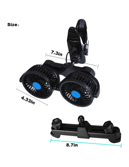 Ventilador de Coche SEAMETAL 12V Doble Cabezal 360 Ajustable Ventilador de Coche SEAMETAL 12V Doble Cabezal 360 Ajustable