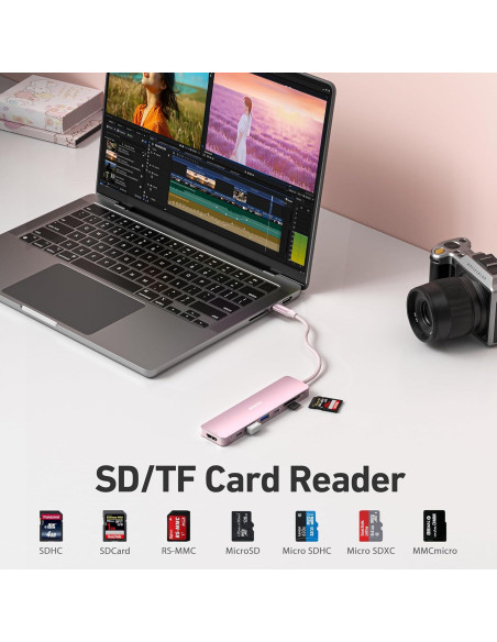 Hub USB-C 7-en-1 BENFEI HDMI 4K 100W Carga Rosa Hub USB-C 7-en-1 BENFEI HDMI 4K 100W Carga Rosa