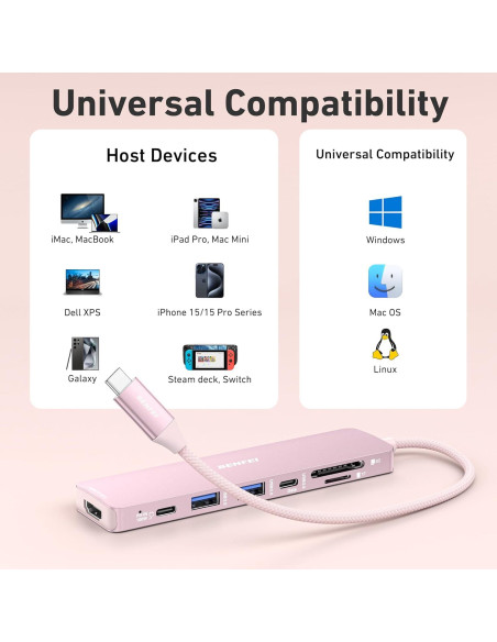 Hub USB-C 7-en-1 BENFEI HDMI 4K 100W Carga Rosa Hub USB-C 7-en-1 BENFEI HDMI 4K 100W Carga Rosa