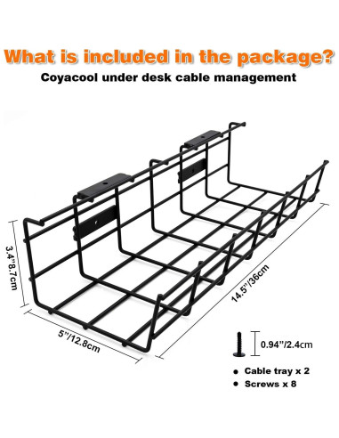 Organizador de Cables Coyacool Negro - Bandeja Metálica 36.8x12.7cm