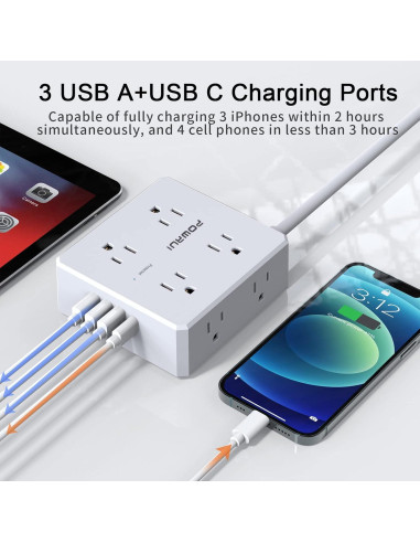 Regleta de Protección POWRUI AHR-803B 8 Salidas 4 USB Blanco