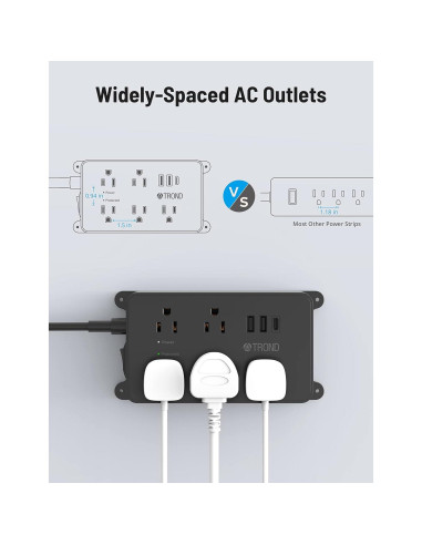 Regleta TROND con 5 Salidas y 3 Puertos USB, 1.5m, Negro