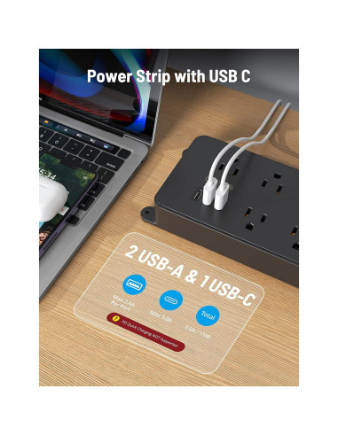 Regleta TROND con 5 Salidas y 3 Puertos USB, 1.5m, Negro