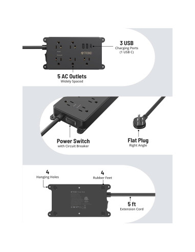 Regleta TROND con 5 Salidas y 3 Puertos USB, 1.5m, Negro