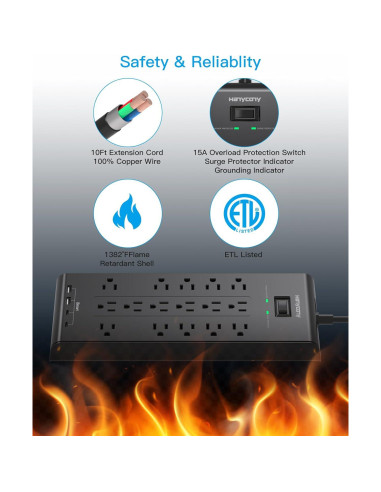Protector de Sobretensión HANYCONY 16 Salidas 4 USB 2700 Julios