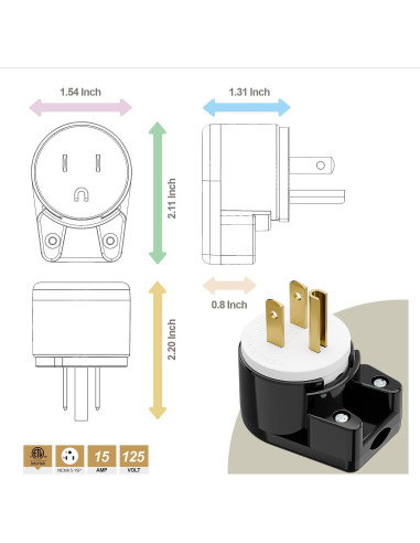 Enchufe Nema 5-15P Ajustable 15A 125V ETL Negro 8 Direcciones