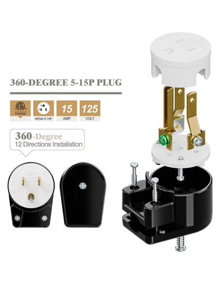 Enchufe Nema 5-15P Ajustable 15A 125V ETL Negro 8 Direcciones Enchufe Nema 5-15P Ajustable 15A 125V ETL Negro 8 Direcciones