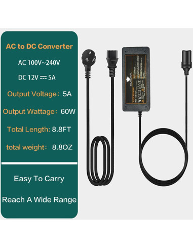 Convertidor AC a DC 12V 5A 60W NALAKUVARA para Automóvil