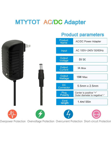 Adaptador de Alimentación DC 5V 3A MTYTOT 15W para LED y CCTV