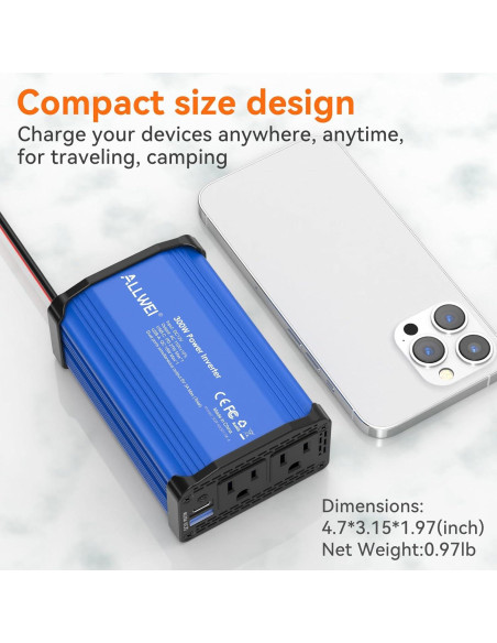 Inversor de Potencia de Coche ALLWEI 300W 12V a 220V USB-C Inversor de Potencia de Coche ALLWEI 300W 12V a 220V USB-C