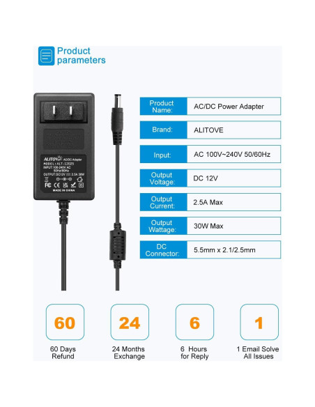 Fuente de Poder ALITOVE 12V 2.5A 30W Adaptador AC a DC Fuente de Poder ALITOVE 12V 2.5A 30W Adaptador AC a DC