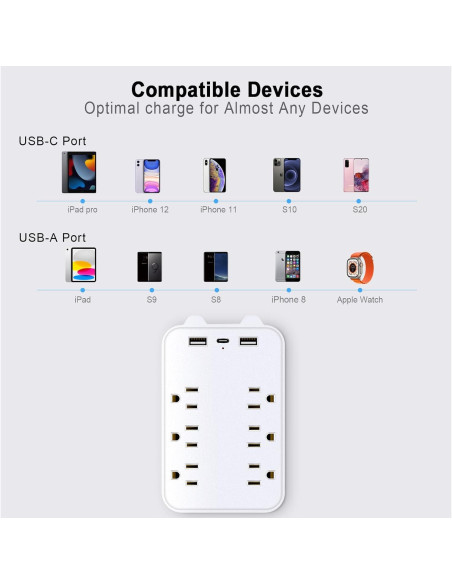 Extensor de Enchufe PATDEENREE 6 Salidas CA 2 USB-C y A Extensor de Enchufe PATDEENREE 6 Salidas CA 2 USB-C y A