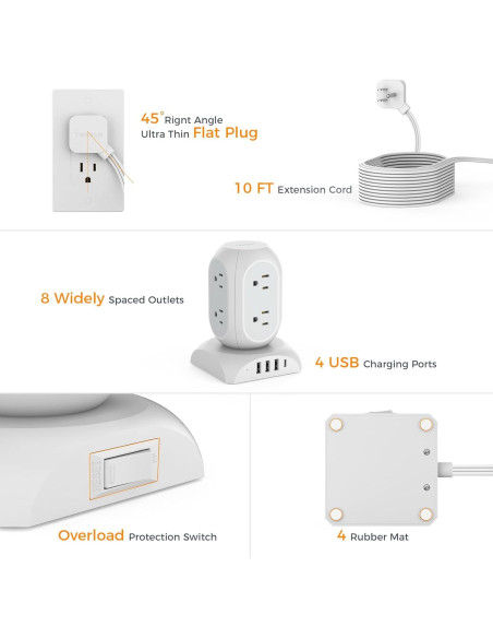 Torre de Protector de Sobretensión TESSAN 1050J 8 Salidas AC 4 USB Torre de Protector de Sobretensión TESSAN 1050J 8 Salidas AC 4 USB
