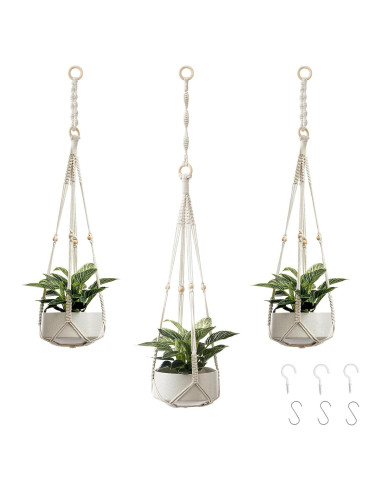 Soporte de Plantas de Macramé CADNLY Blanco - 3 Paquete con Ganchos
