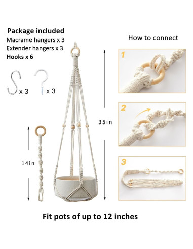 Soporte de Plantas de Macramé CADNLY Blanco - 3 Paquete con Ganchos