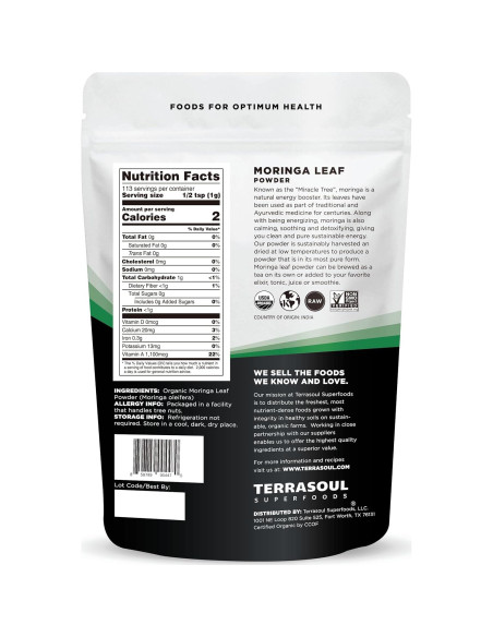 Polvo de Moringa Orgánica Terrasoul Superfoods 311 g - Antioxidantes Polvo de Moringa Orgánica Terrasoul Superfoods 311 g - Antioxidantes
