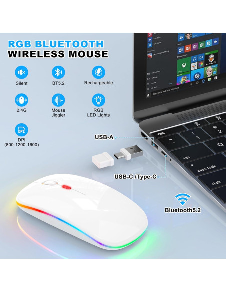 Ratón Inalámbrico Bluetooth LED Azmall - Blanco, Recargable, 1600 DPI Ratón Inalámbrico Bluetooth LED Azmall - Blanco, Recargable, 1600 DPI