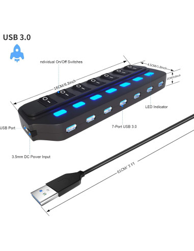 Hub USB 3.0 ONFINIO 7 Puertos con Interruptores LED 5 Gbps