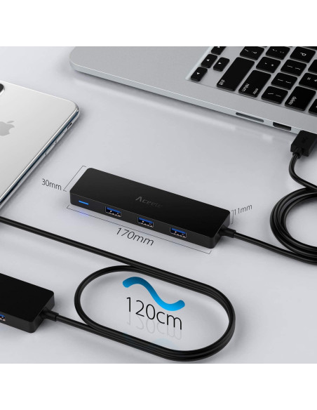 Hub USB 3.0 Aceele AC-T11 con Cable de 1.22m - 4 Puertos Hub USB 3.0 Aceele AC-T11 con Cable de 1.22m - 4 Puertos
