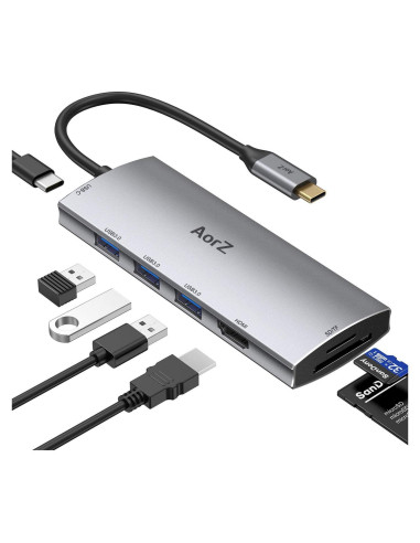 Hub USB C AorZ 7 en 1 con HDMI 4K, 3 USB 3.0, Carga 100W
