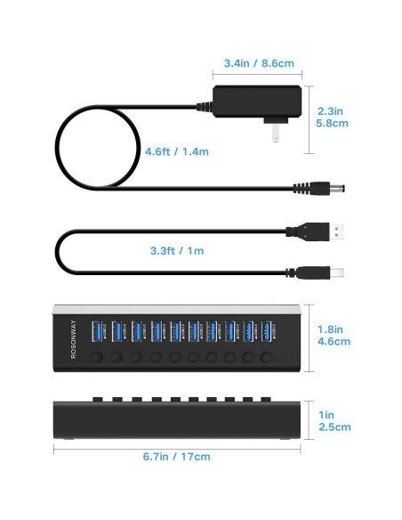 Hub USB 3.0 Alimentado Rosonway RSH-A10 de 10 Puertos Hub USB 3.0 Alimentado Rosonway RSH-A10 de 10 Puertos