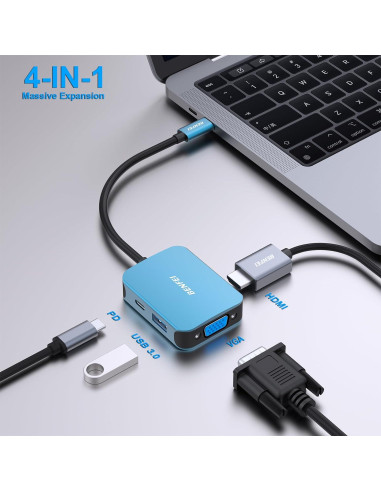HUB USB-C 4-en-1 BENFEI a HDMI/VGA/USB, 60W, Azul