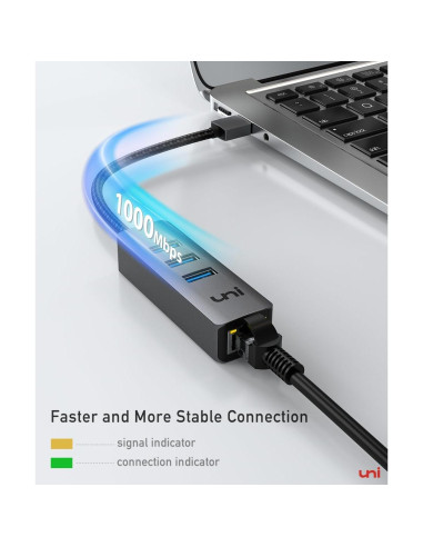 Adaptador USB a Ethernet uni EHUB02 4 en 1 1000 Mbps Gris