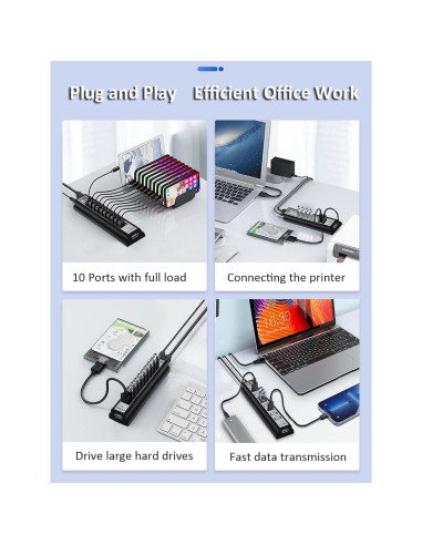Hub USB 10 Puertos MVBOONE con Carga Rápida y Alimentación