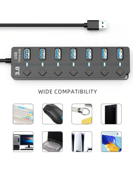 Hub USB 3.0 Eanetf de 7 Puertos con Interruptores LED Hub USB 3.0 Eanetf de 7 Puertos con Interruptores LED