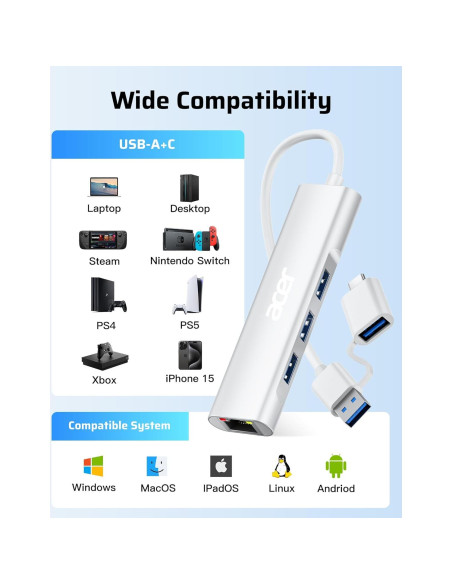 Adaptador USB-C a Ethernet Acer ACER-UC170 4-en-1 1000Mbps Adaptador USB-C a Ethernet Acer ACER-UC170 4-en-1 1000Mbps