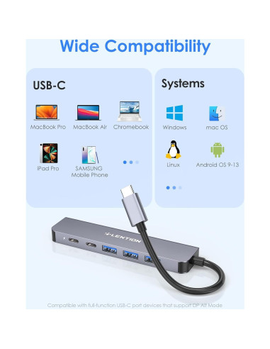Hub USB C Lention CE35s 6 en 1 con HDMI 4K y 3 USB-A