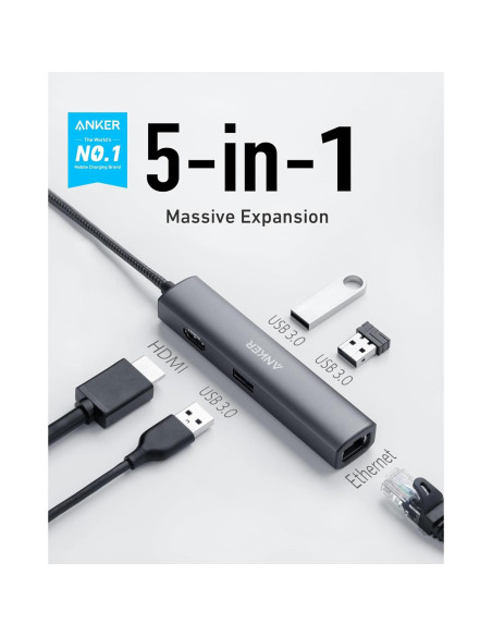 Adaptador Hub USB-C Anker A8338 5 en 1 HDMI 4K Ethernet Adaptador Hub USB-C Anker A8338 5 en 1 HDMI 4K Ethernet