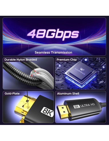 Cable USB-C a HDMI 8K WARRKY 1.83m 48Gbps Compatible Thunderbolt