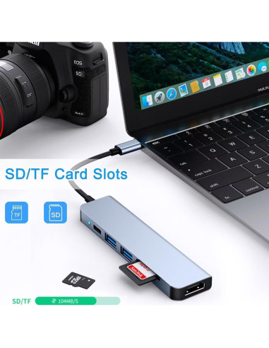 Adaptador USB C a HDMI 4K AKWOR 6 en 1 con Lector SD y USB