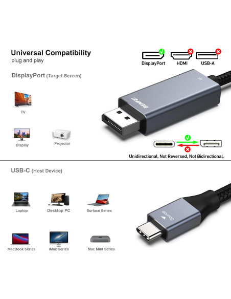 Cable USB-C a DisplayPort BENFEI 1.83m 4K@60Hz Compatible Cable USB-C a DisplayPort BENFEI 1.83m 4K@60Hz Compatible