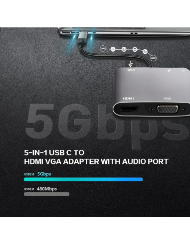 Adaptador VCOM USB C a HDMI y VGA 4K 5 en 1 Gris