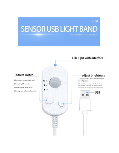 Tira LED USB KAM TONG 3m con sensor de movimiento blanco frío