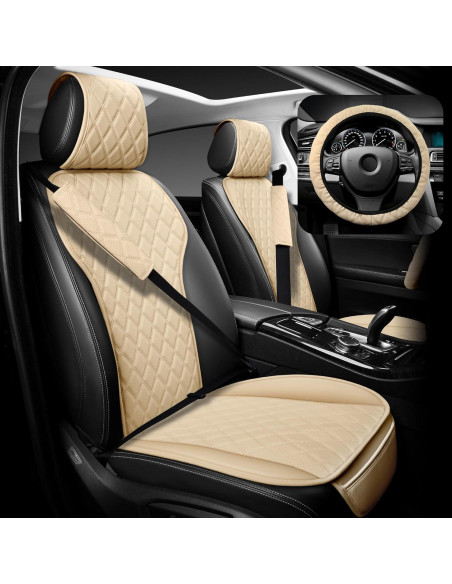 Fundas de Asiento de Cuero BaoLL Beige + Funda de Volante Fundas de Asiento de Cuero BaoLL Beige + Funda de Volante