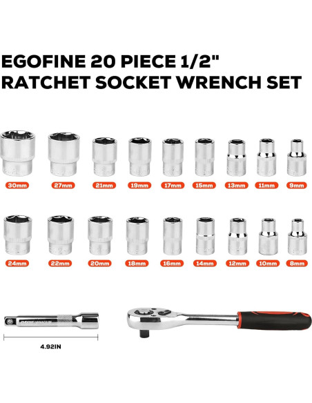 Juego de Llave de Carraca Egofine 20 Piezas 1/2" 8-30mm Juego de Llave de Carraca Egofine 20 Piezas 1/2" 8-30mm